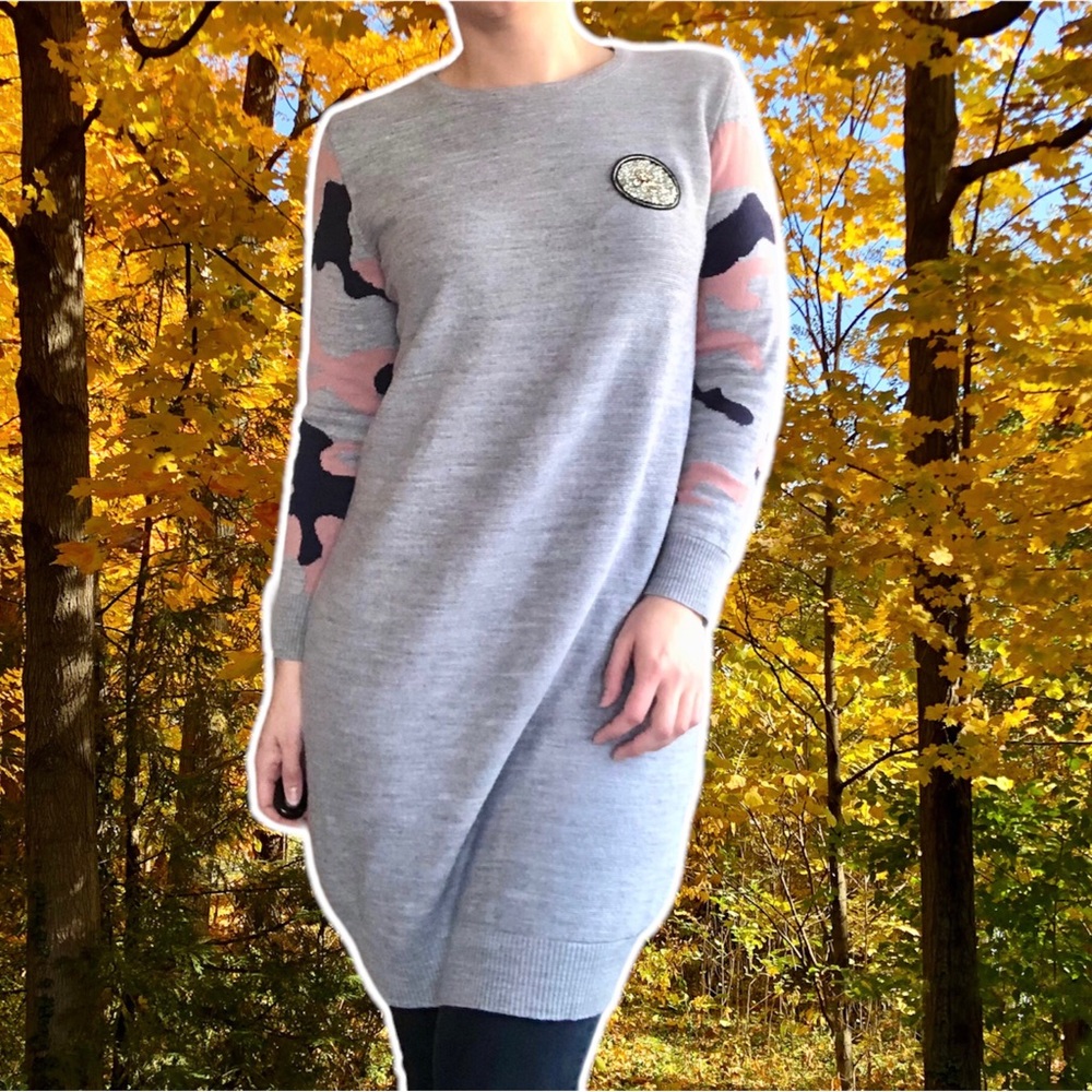 Coco Kitty Cat Charm Gray Tunic Sweater Dress, Size S/M